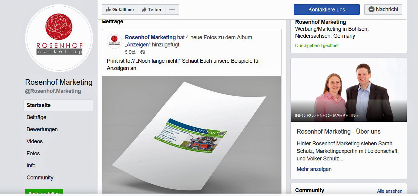 Facebook Unternehmensseite Rosenhof Marketing